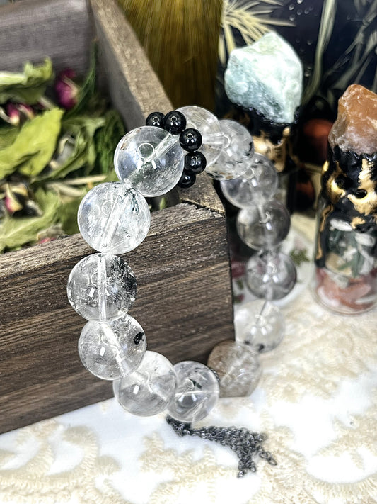 Ghost Crystal Ancient Style Bracelet: Clear ghost crystals paired with ancient style metal pendants
