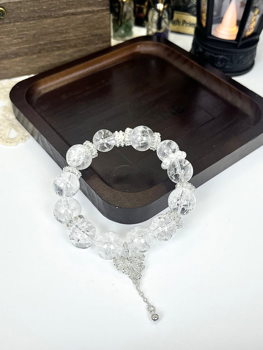 Fairy Style Crystal Beaded Bracelet: Sparkling Clear Crystal, Silver Butterfly Tassel