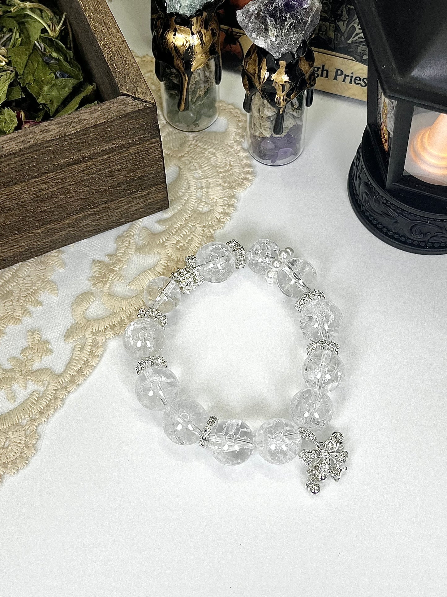 Fairy Style Crystal Beaded Bracelet: Sparkling Clear Crystal, Silver Butterfly Tassel