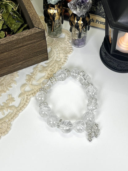 Fairy Style Crystal Beaded Bracelet: Sparkling Clear Crystal, Silver Butterfly Tassel