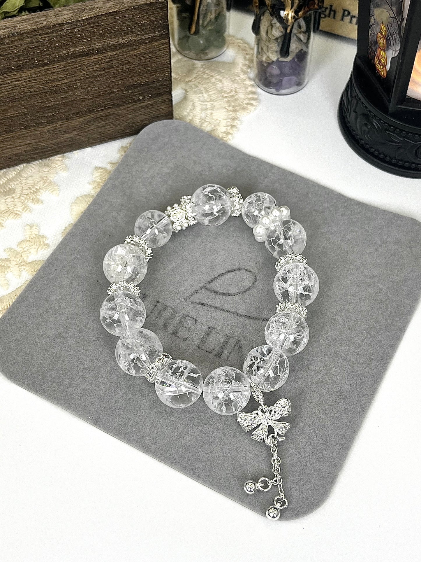 Fairy Style Crystal Beaded Bracelet: Sparkling Clear Crystal, Silver Butterfly Tassel