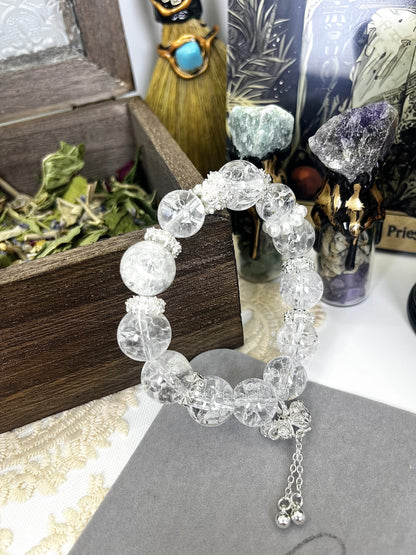 Fairy Style Crystal Beaded Bracelet: Sparkling Clear Crystal, Silver Butterfly Tassel