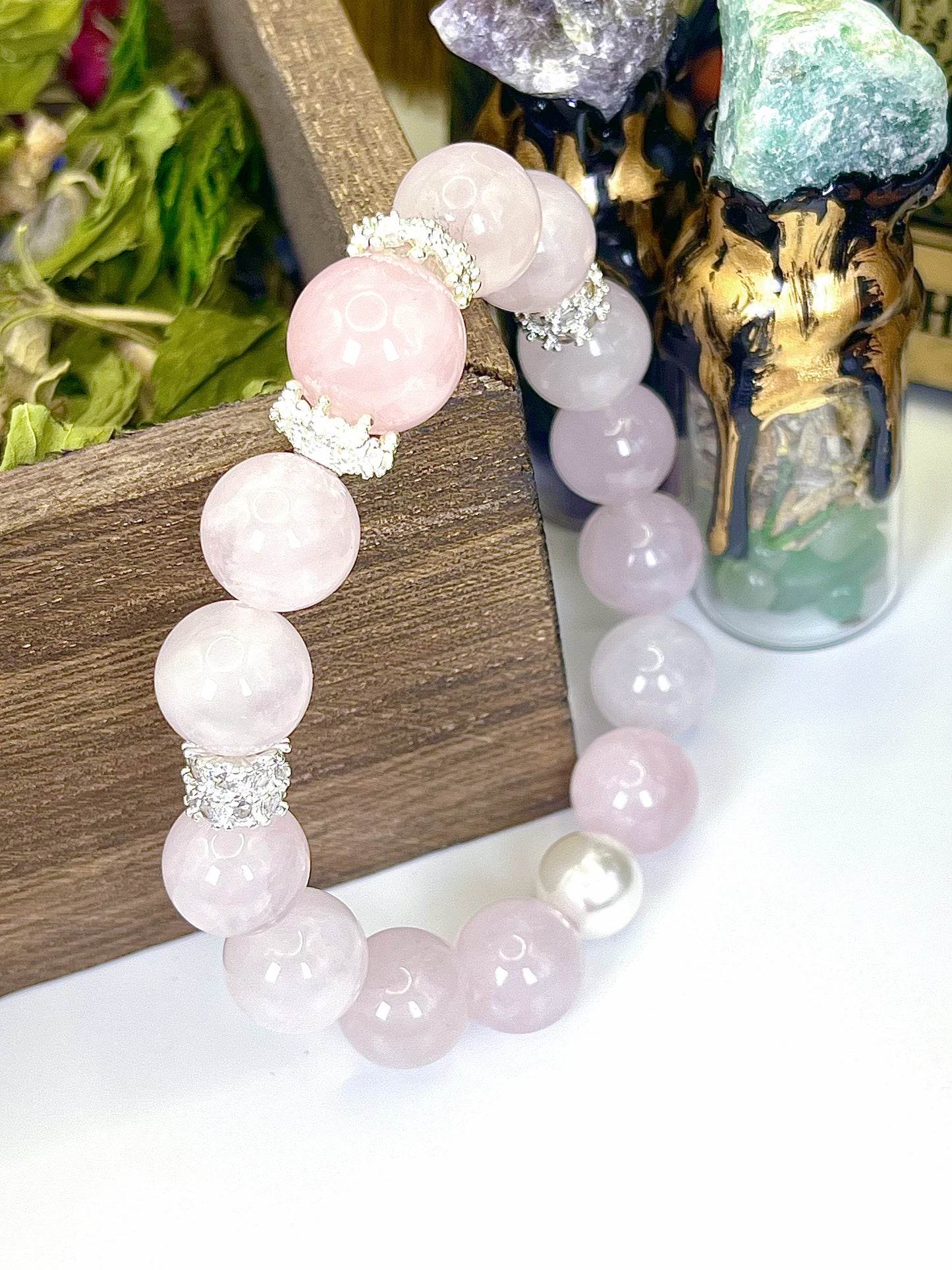 Sweet Pink Crystal Bracelet: Round pink crystals adorned with delicate silver accents